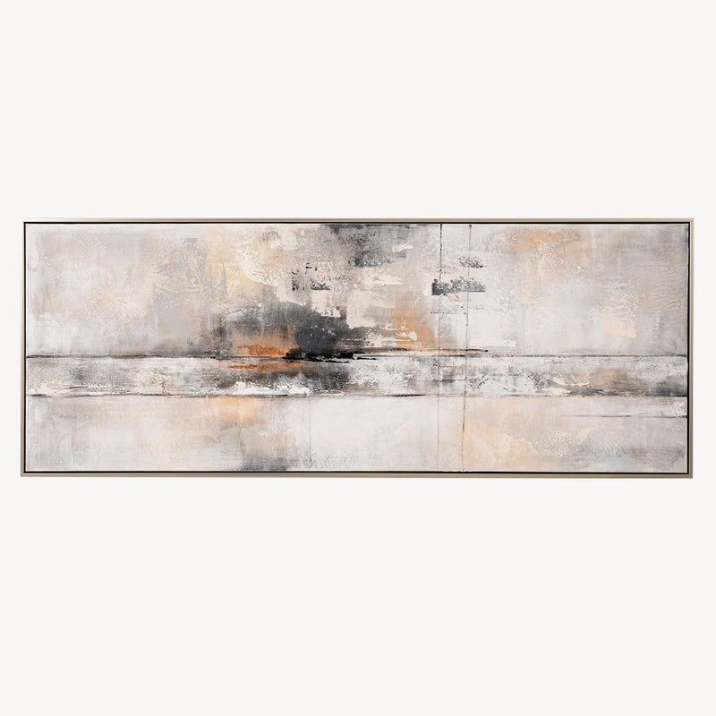 Cuadro Strata abstracto, tonos neutros (blanco roto, gris, ocre), texturas minerales, lienzo y marco de metal, 160x60 cm. Ideal para lujo sutil.