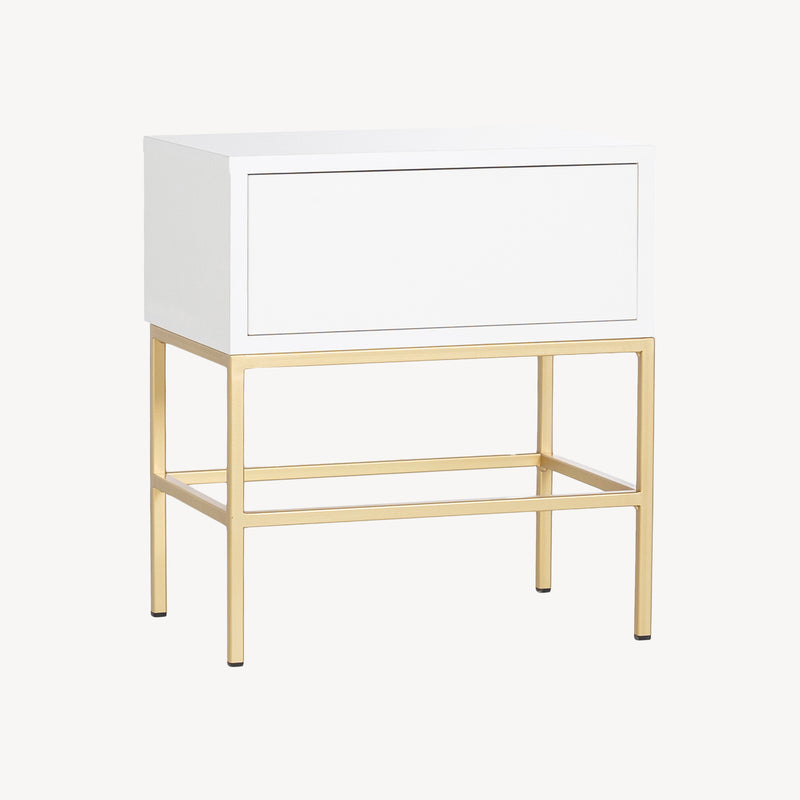 Mesita de noche Air moderna, blanca mate de madera lacada, patas metálicas doradas, diseño purista y ligera, ancho 48 cm.