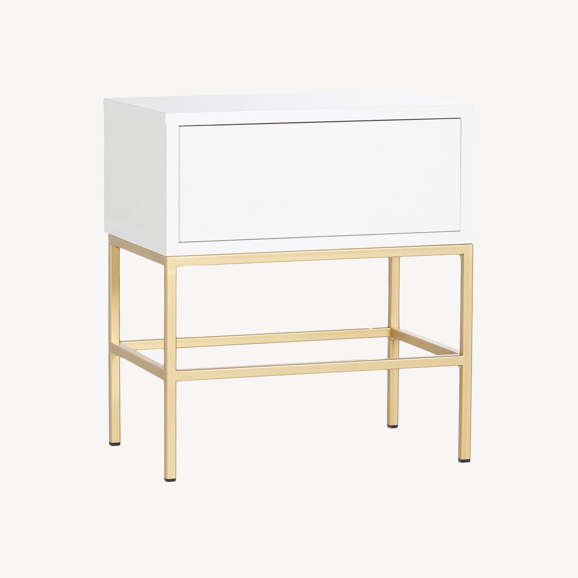 Mesita de noche Air moderna, blanca mate de madera lacada, patas metálicas doradas, diseño purista y ligera, ancho 48 cm.