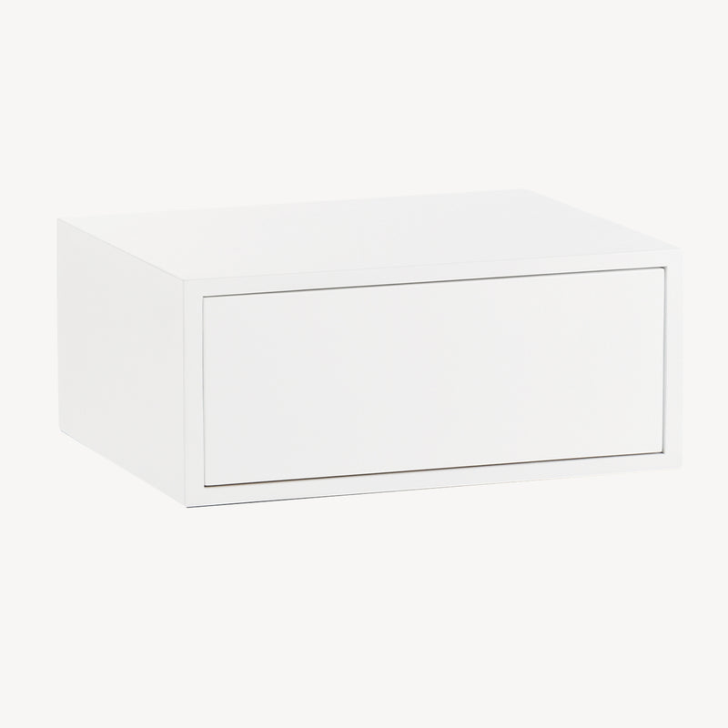 Mesita de noche suspendida Air madera blanco/roble diseño minimalista, sin tiradores, cajón suave, 48x33,5x21,5 cm. Ideal dormitorio moderno.