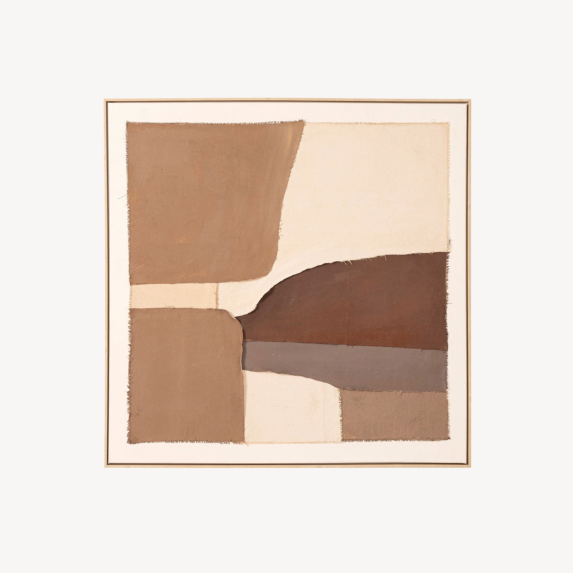 Cuadro abstracto "Adobe" gran formato, estilo orgánico/wabi-sabi. Obra textil, tonos tierra, lienzo, marco madera minimalista. 150x150cm.