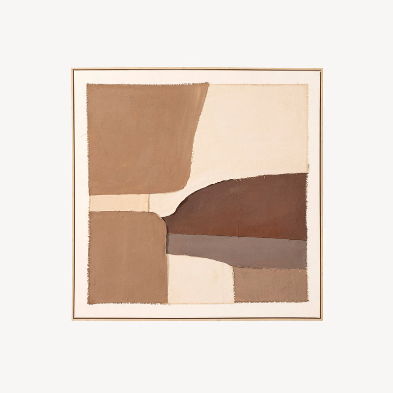 Cuadro abstracto "Adobe" gran formato, estilo orgánico/wabi-sabi. Obra textil, tonos tierra, lienzo, marco madera minimalista. 150x150cm.
