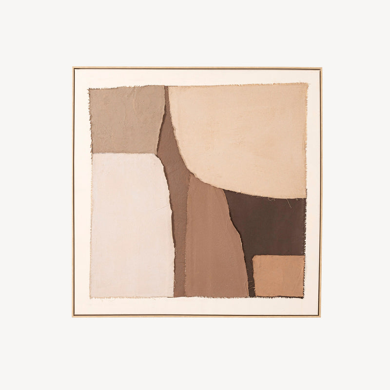 Cuadro abstracto Mesa de gran formato, estilo orgánico/wabi-sabi. Obra textil sobre lienzo con tonos tierra y marco de madera. 150x150 cm.