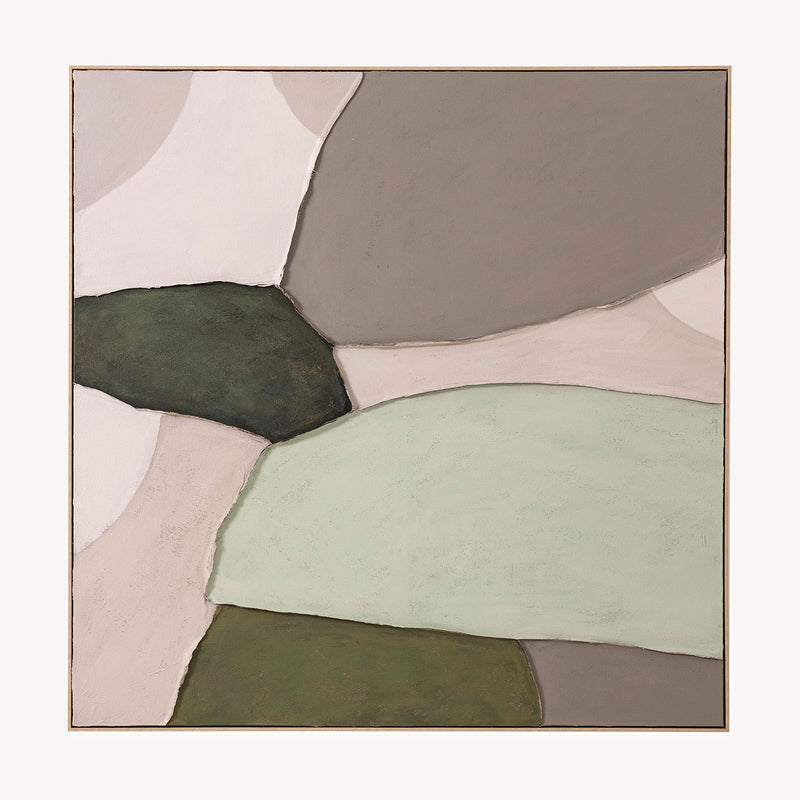 Cuadro abstracto "Sage" de óleo sobre lienzo, gran formato (150x150 cm), colores salvia, verde oliva y musgo. Estilo orgánico y contemporáneo.