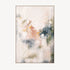 Cuadro abstracto Meadow, composición vertical con tonos verdes, mostaza y blanco, sobre lienzo con marco de madera. Ideal para decoración moderna.