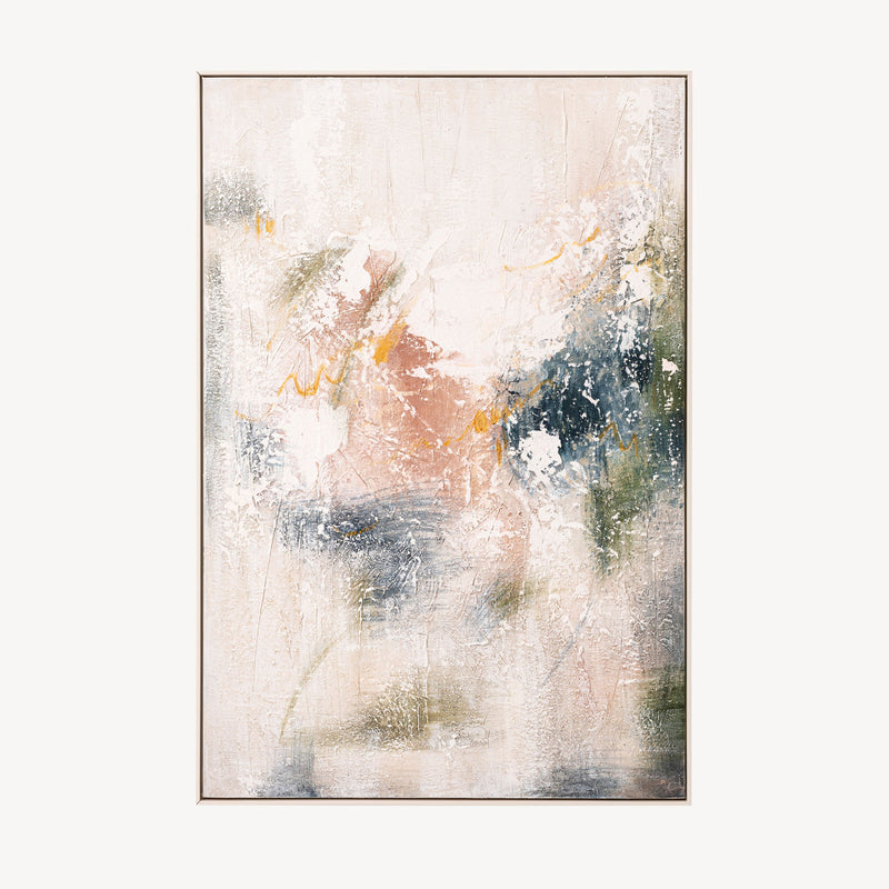 Cuadro abstracto Meadow, composición vertical con tonos verdes, mostaza y blanco, sobre lienzo con marco de madera. Ideal para decoración moderna.