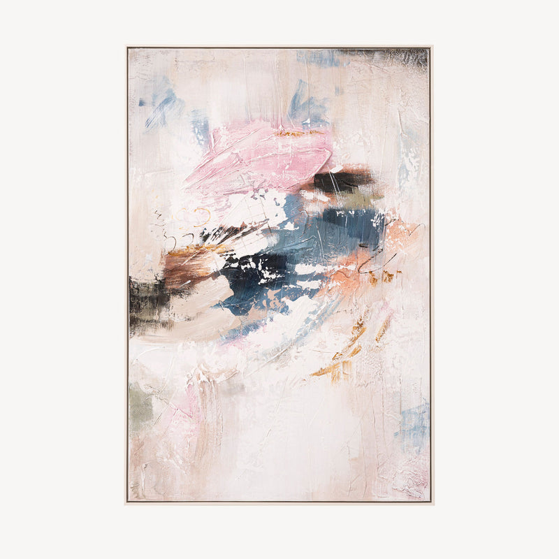 Cuadro abstracto "Bloom" con tonos rosados, melocotón y azul profundo sobre lienzo, marco de madera. Pintura al óleo de 80x4x120 cm.
