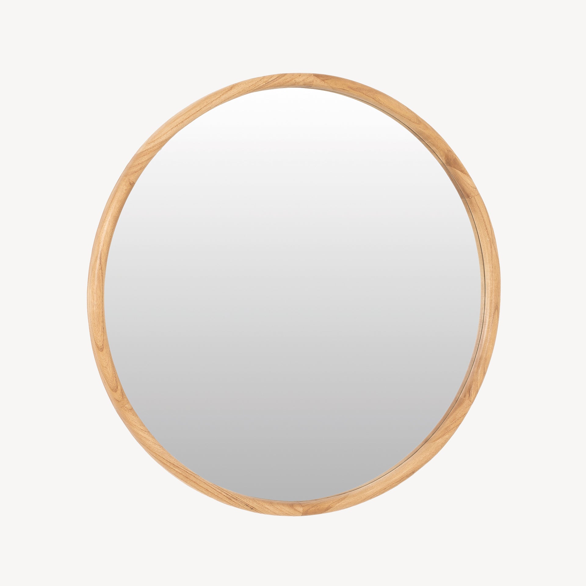 Espejo Equinox circular con marco de madera de roble natural, estilo nórdico/japandi. Diseño equilibrado para ampliar espacios y añadir luz.