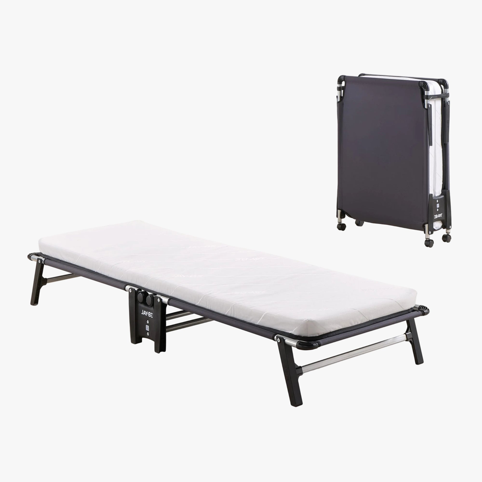Cama plegable HE70 Hideaway de JAY-BE abierta con colchón de espuma y cerrada en posición vertical compacta sobre ruedas