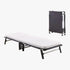 Cama plegable HE70 Hideaway de JAY-BE abierta con colchón de espuma y cerrada en posición vertical compacta sobre ruedas