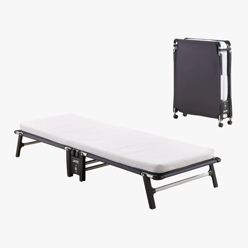 Cama plegable HE70 Hideaway de JAY-BE abierta con colchón de espuma y cerrada en posición vertical compacta sobre ruedas