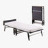 Cama plegable R80 Rollaway de JAY-BE mostrada abierta con colchón y cabecero, y plegada verticalmente sobre ruedas para almacenamiento