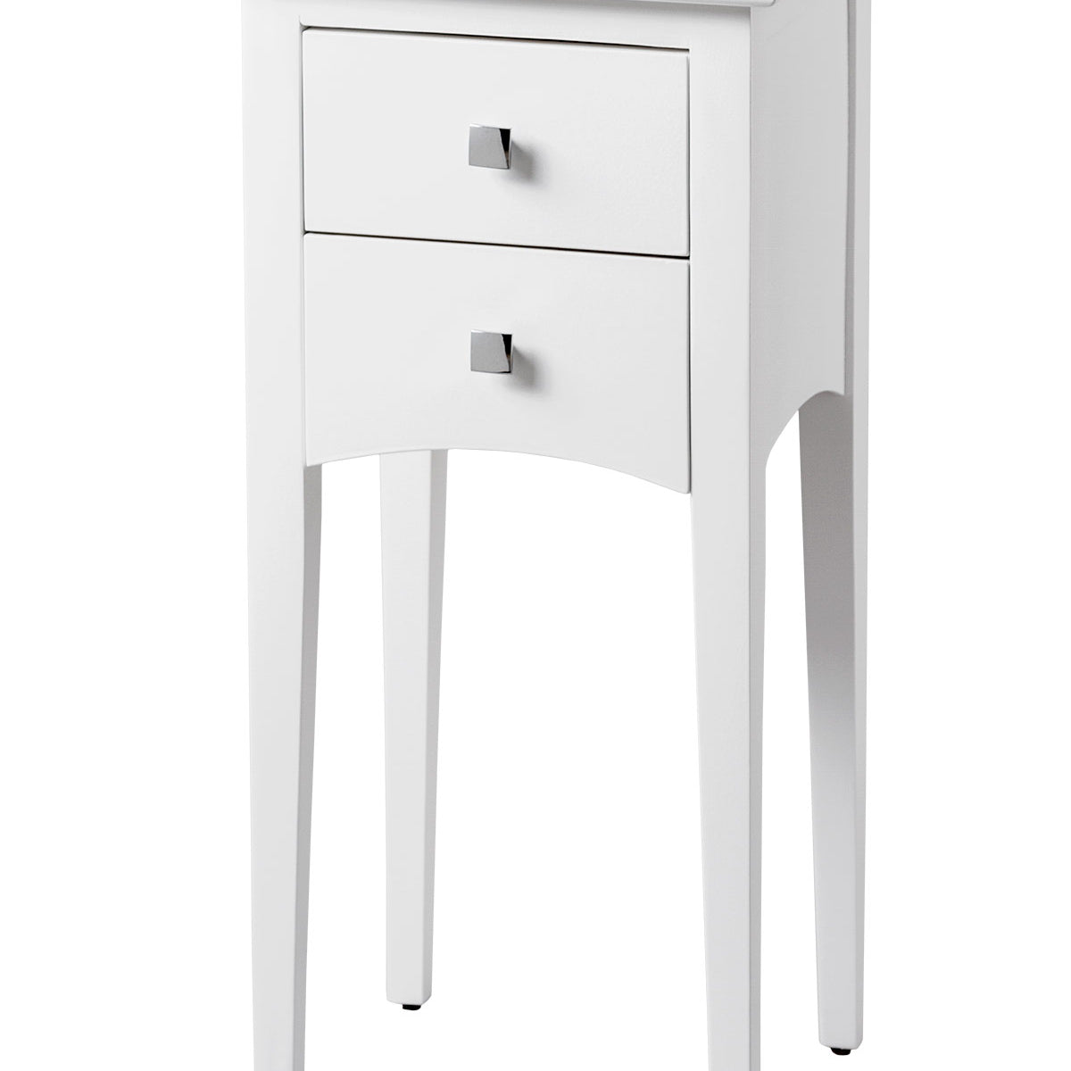 Mesita de noche Oslo nórdica blanca, 33x33x70 cm, con 2 cajones, hecha de pino y DM. Ideal para dormitorios minimalistas y modernos.