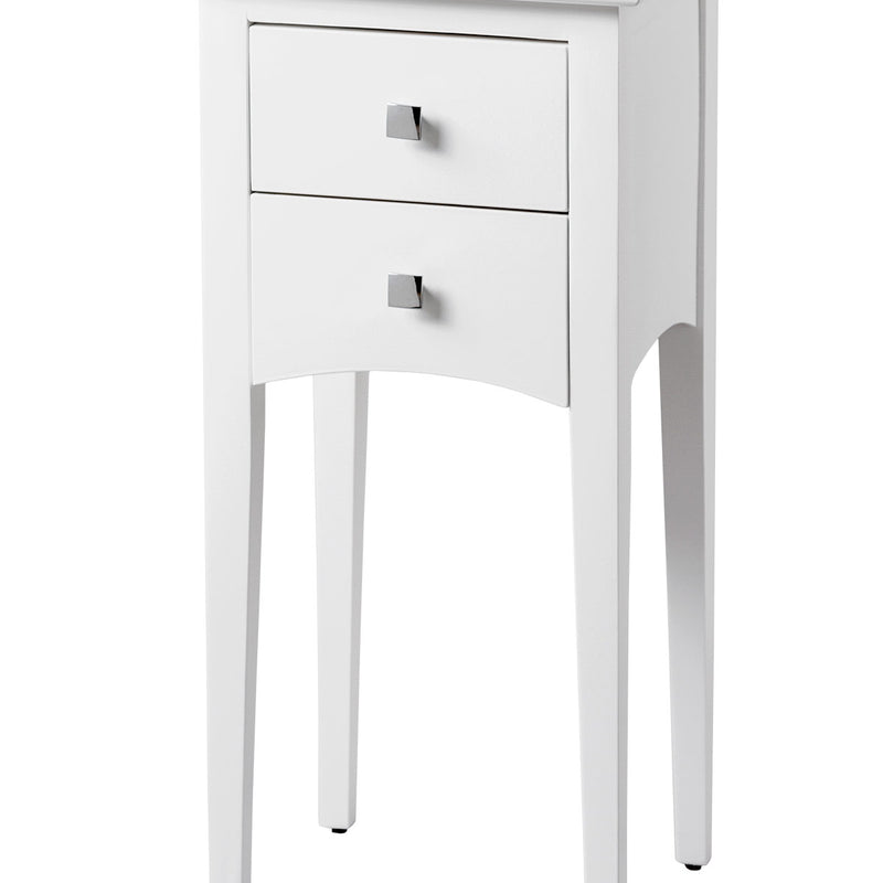 Mesita de noche Oslo nórdica blanca, 33x33x70 cm, con 2 cajones, hecha de pino y DM. Ideal para dormitorios minimalistas y modernos.