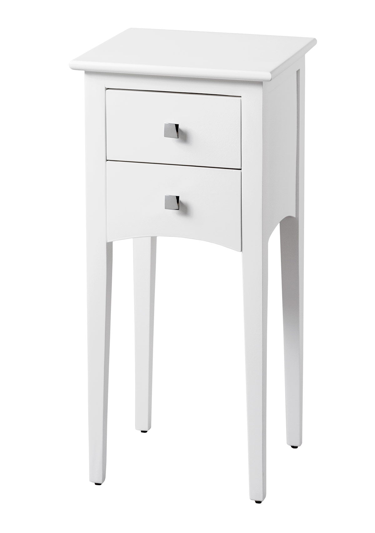 Mesita de noche Oslo nórdica blanca, 33x33x70 cm, con 2 cajones, hecha de pino y DM. Ideal para dormitorios minimalistas y modernos.