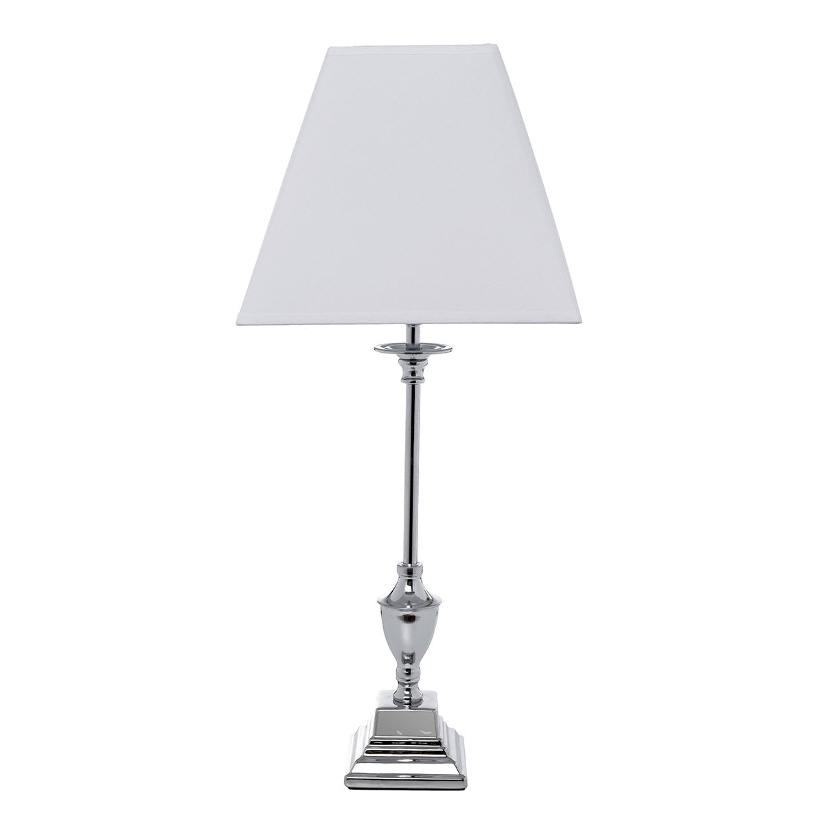 Lámpara de sobremesa Argent, diseño clásico refinado, metal cromado plata brillo y pantalla de tela blanca. Ideal para salón o dormitorio.