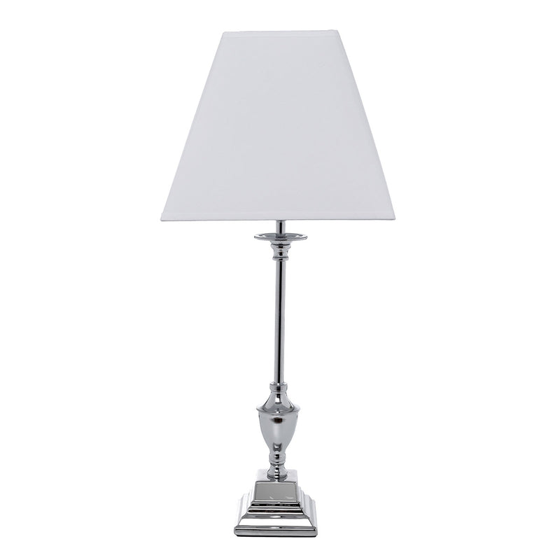 Lámpara de sobremesa Argent, diseño clásico refinado, metal cromado plata brillo y pantalla de tela blanca. Ideal para salón o dormitorio.