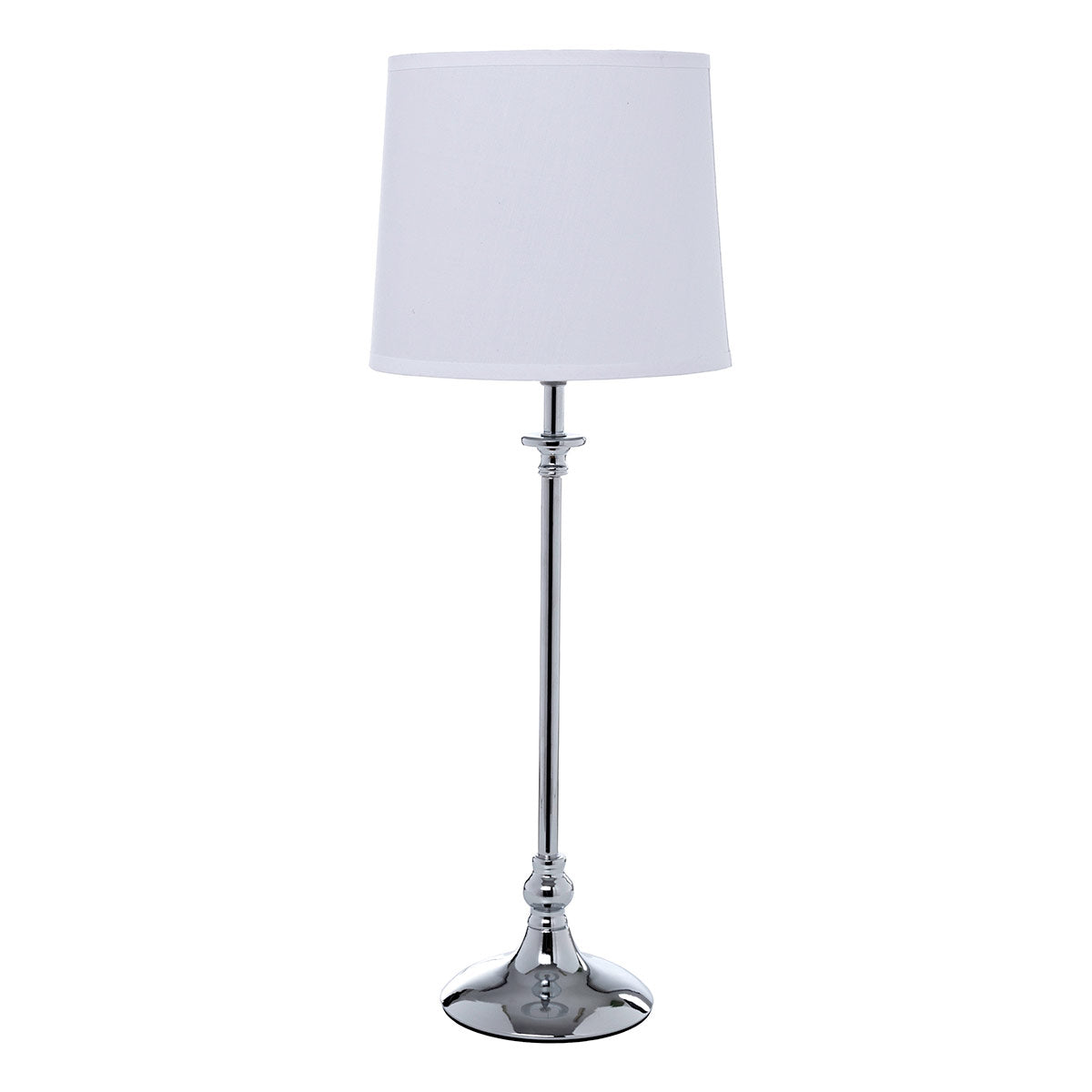 Lámpara de sobremesa Sterling minimalista, cuerpo cromado plata y pantalla de tela blanca. Ideal para mesitas y escritorios. E27.