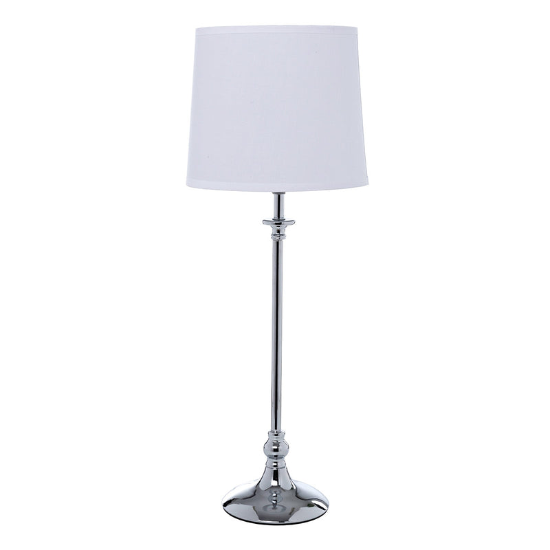 Lámpara de sobremesa Sterling minimalista, cuerpo cromado plata y pantalla de tela blanca. Ideal para mesitas y escritorios. E27.