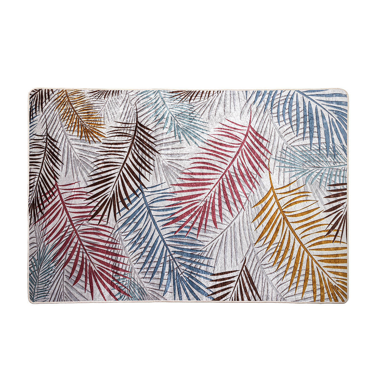 Alfombra Palm Springs tropical con hojas de palmera, 100% PES, colores mostaza, azul cobalto y burdeos. Diseño botánico vibrante y antideslizante.