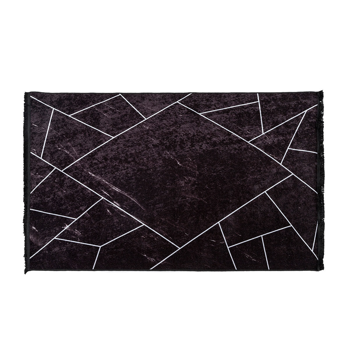 Alfombra Gotham minimalista con diseño geométrico de líneas blancas quebradas, antideslizante, 100% PES, disponible en varias medidas.
