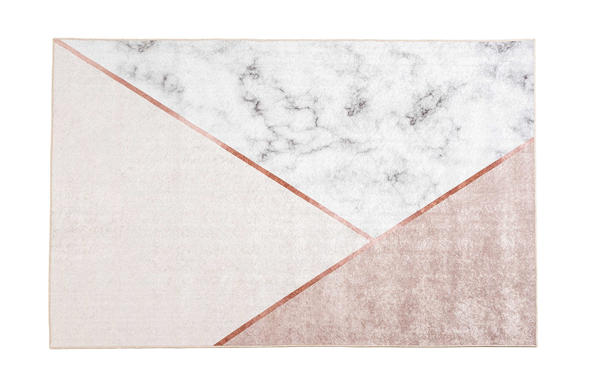 Alfombra Madison geométrica moderna 130x190/180x300 cm, rosa pastel y tonos tierra, mármol y cobre, 100% PES, antideslizante.