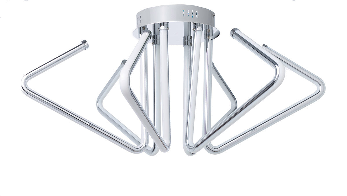 Lámpara de techo Vector LED, diseño vanguardista, estructura de ganchos metálicos cromados en plata, luz cálida para salones.