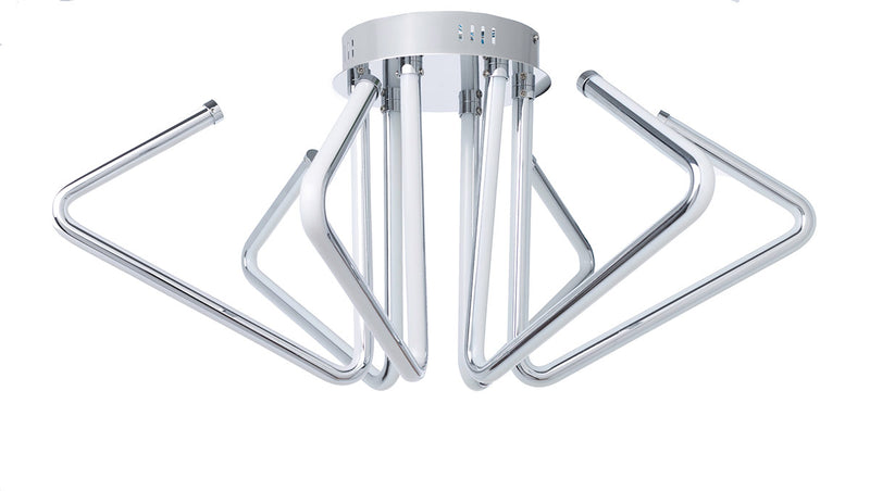 Lámpara de techo Vector LED, diseño vanguardista, estructura de ganchos metálicos cromados en plata, luz cálida para salones.