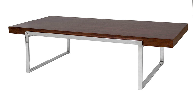 Mesa de centro Structure colección Milán. Diseño moderno, tapa de nogal acabado roble natural, patas de acero inoxidable. 140x63x39 cm.