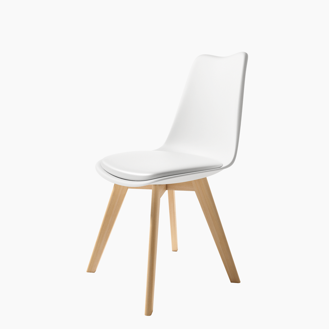 Silla Berlín moderna con respaldo de polipropileno, asiento tapizado y patas de madera natural.