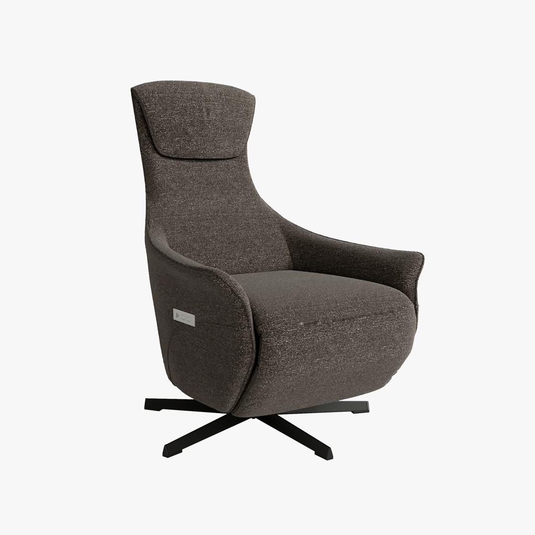 Butaca relax eléctrica Karen tapizada, sistema zero gravity, base metálica giratoria y puerto USB integrado para salones modernos