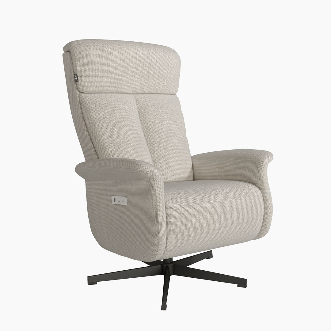 Butaca relax Nely con sistema eléctrico de dos motores y base metálica negra. Tapizado agradable y resistente.