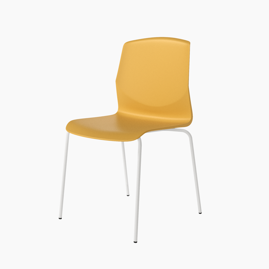 Silla Derby apilable de polipropileno con patas metálicas blancas, diseño limpio para comedor, cocina u oficina