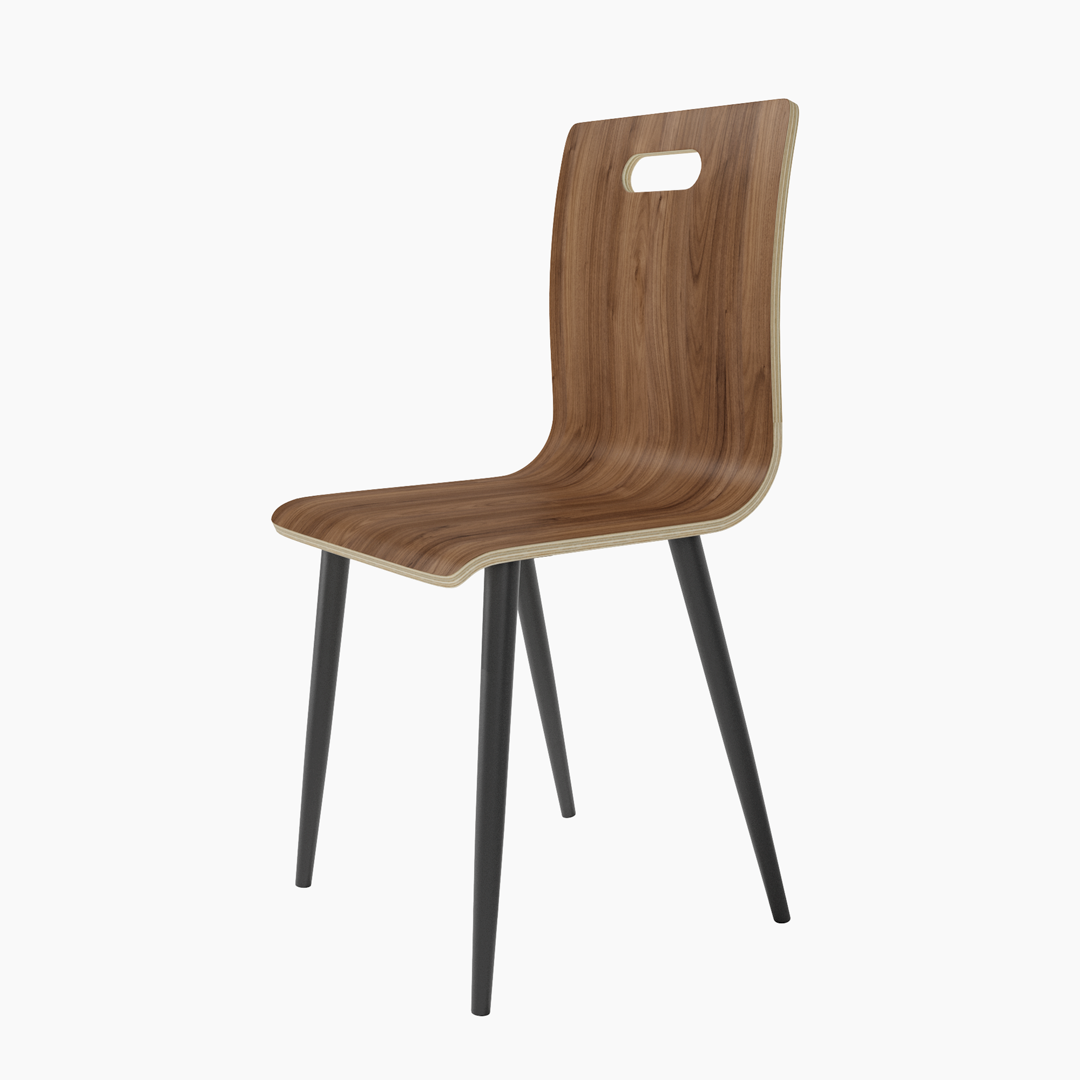 Silla Sofía de diseño contemporáneo, asiento y respaldo de tablero contrachapado con patas metálicas negras.