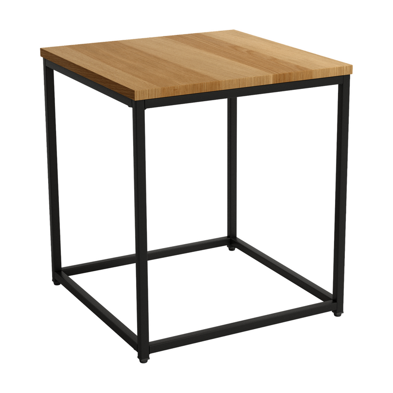 Mesa auxiliar Austral cuadrada de diseño moderno con estructura metálica negra y sobre de madera. Ideal para salón o dormitorio.