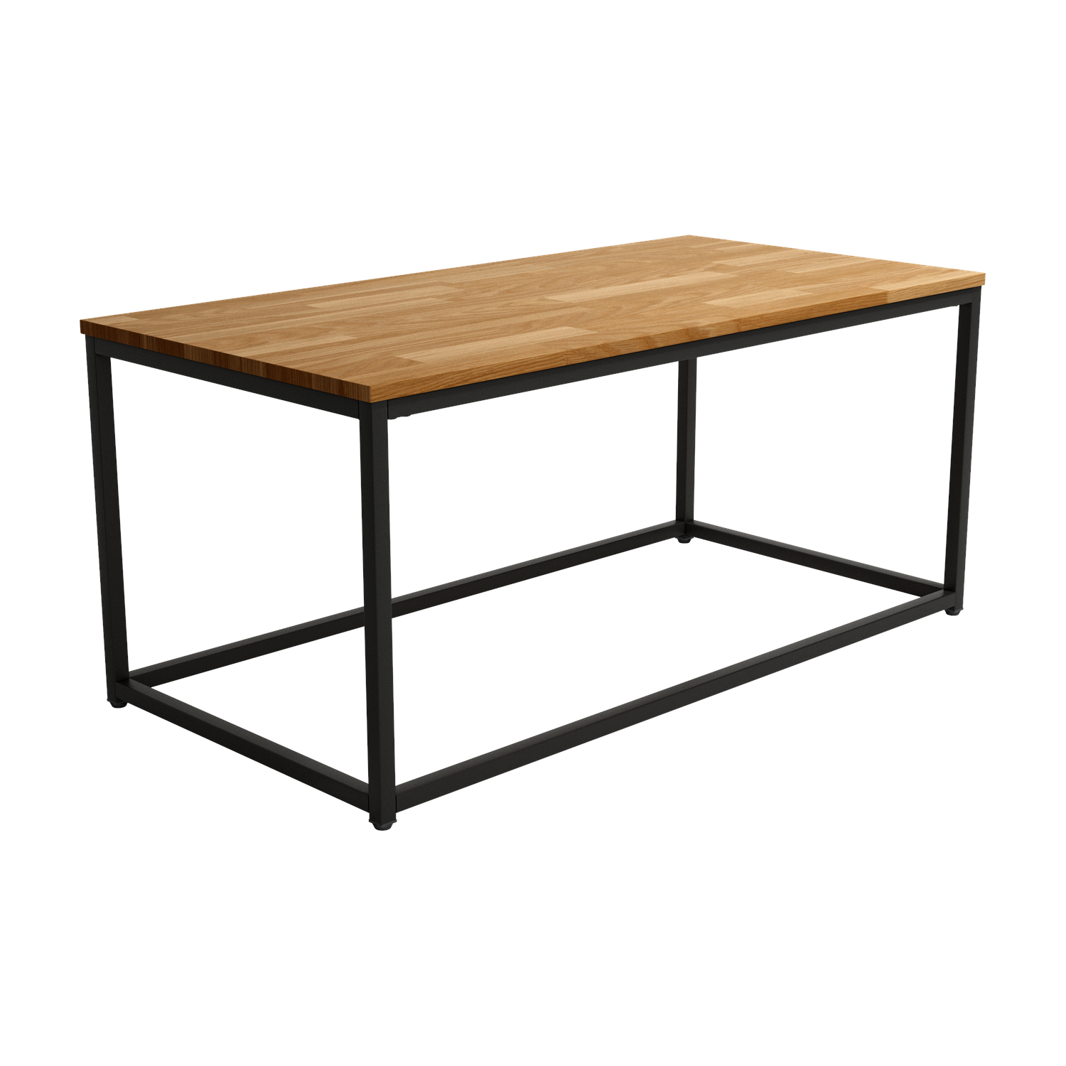 Mesa de centro rectangular Austral con estructura metálica negra y sobre de madera. Estilo atemporal para salón.