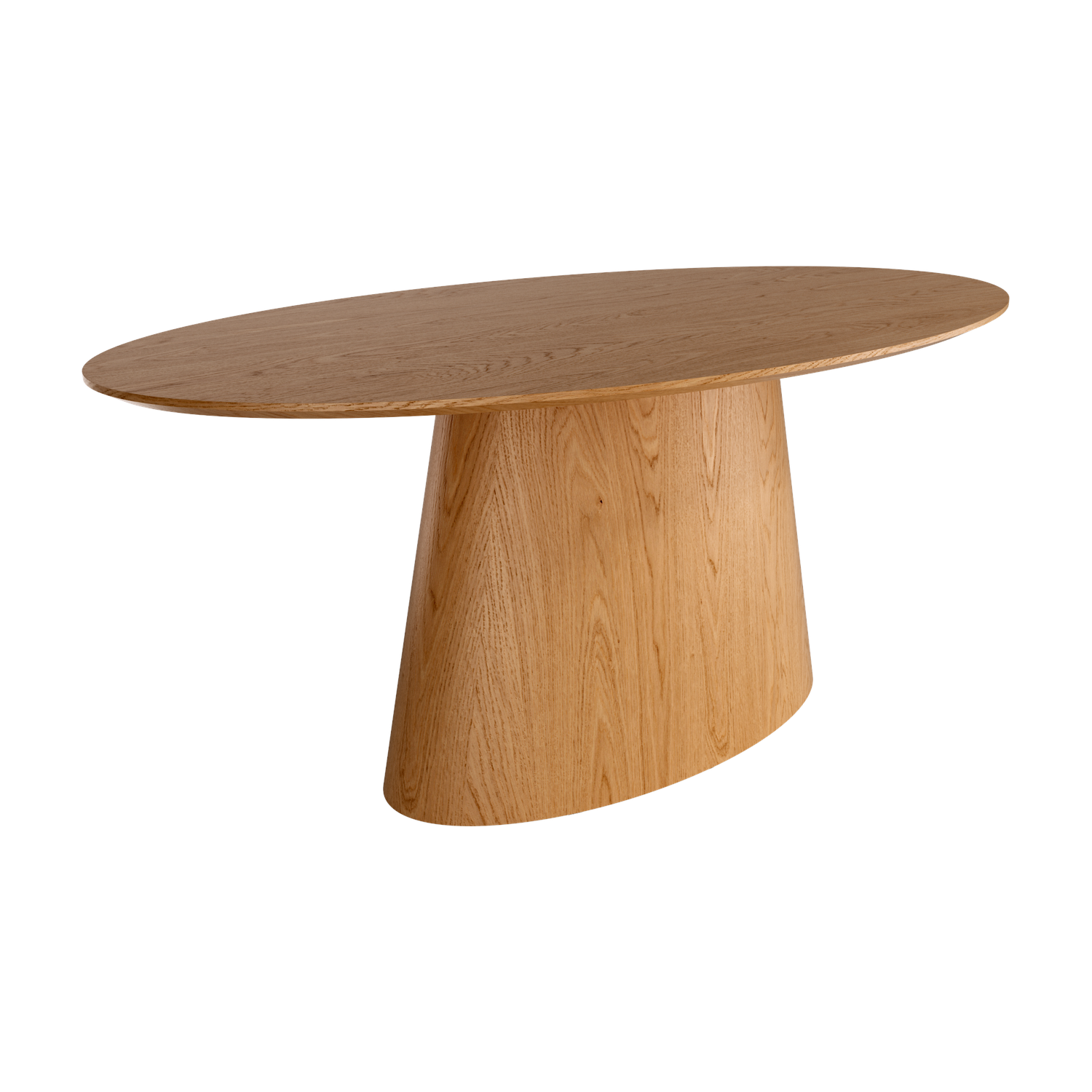 Mesa comedor Namib ovalada fija de madera con sobre biselado y base maciza, acabado roble. Diseño elegante y contemporáneo.