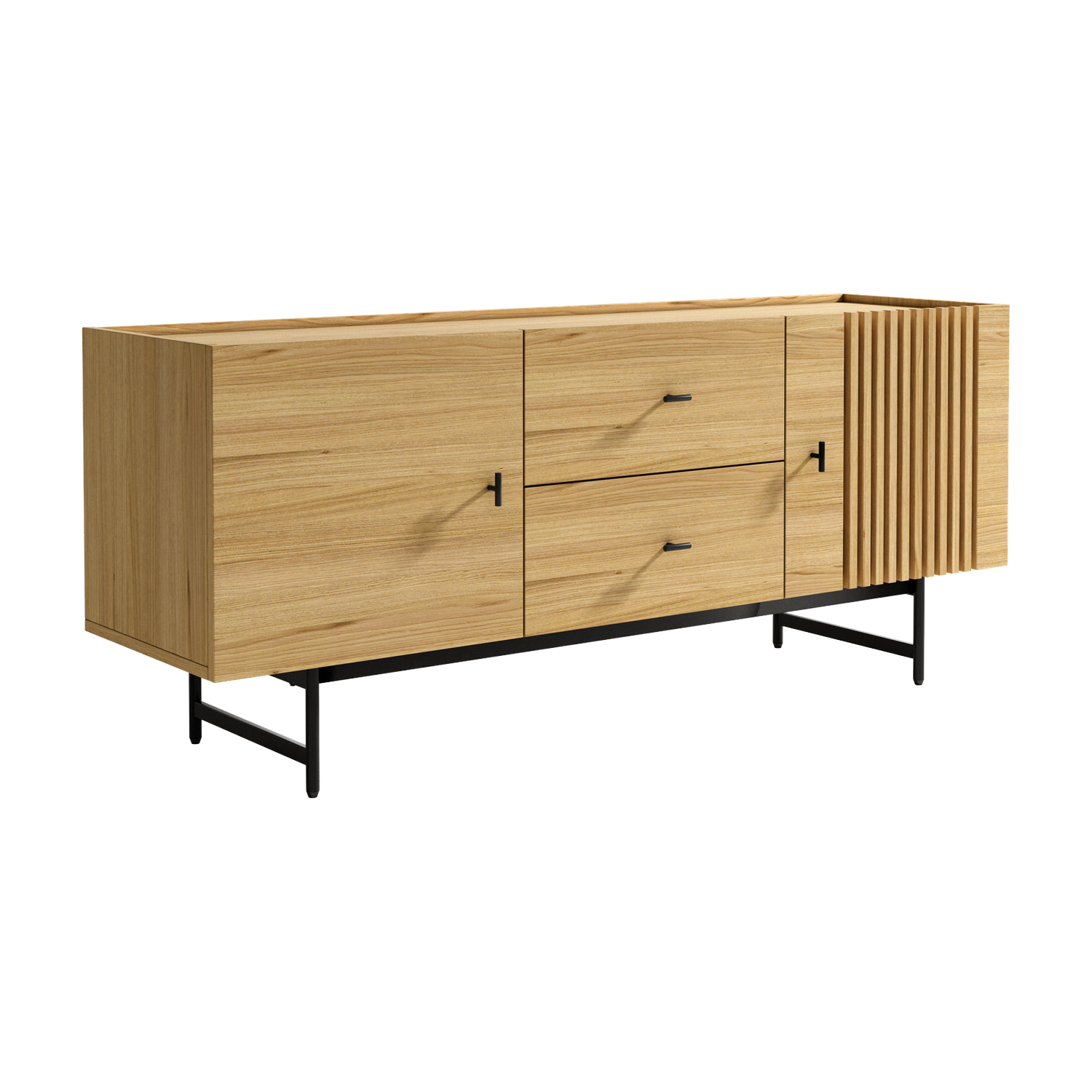 Módulo TV 2 puertas y 2 cajones de madera, acabado roble natural y patas metálicas negras, estilo nórdico, ancho 160 cm.