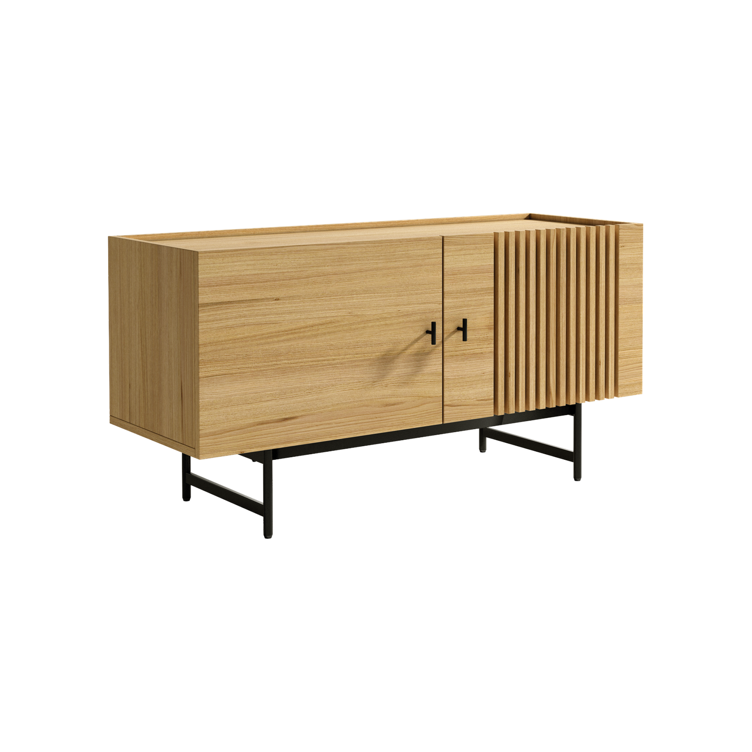 Módulo TV 2 puertas de madera con acabado roble natural, lamas verticales y patas metálicas negras, diseño moderno nórdico