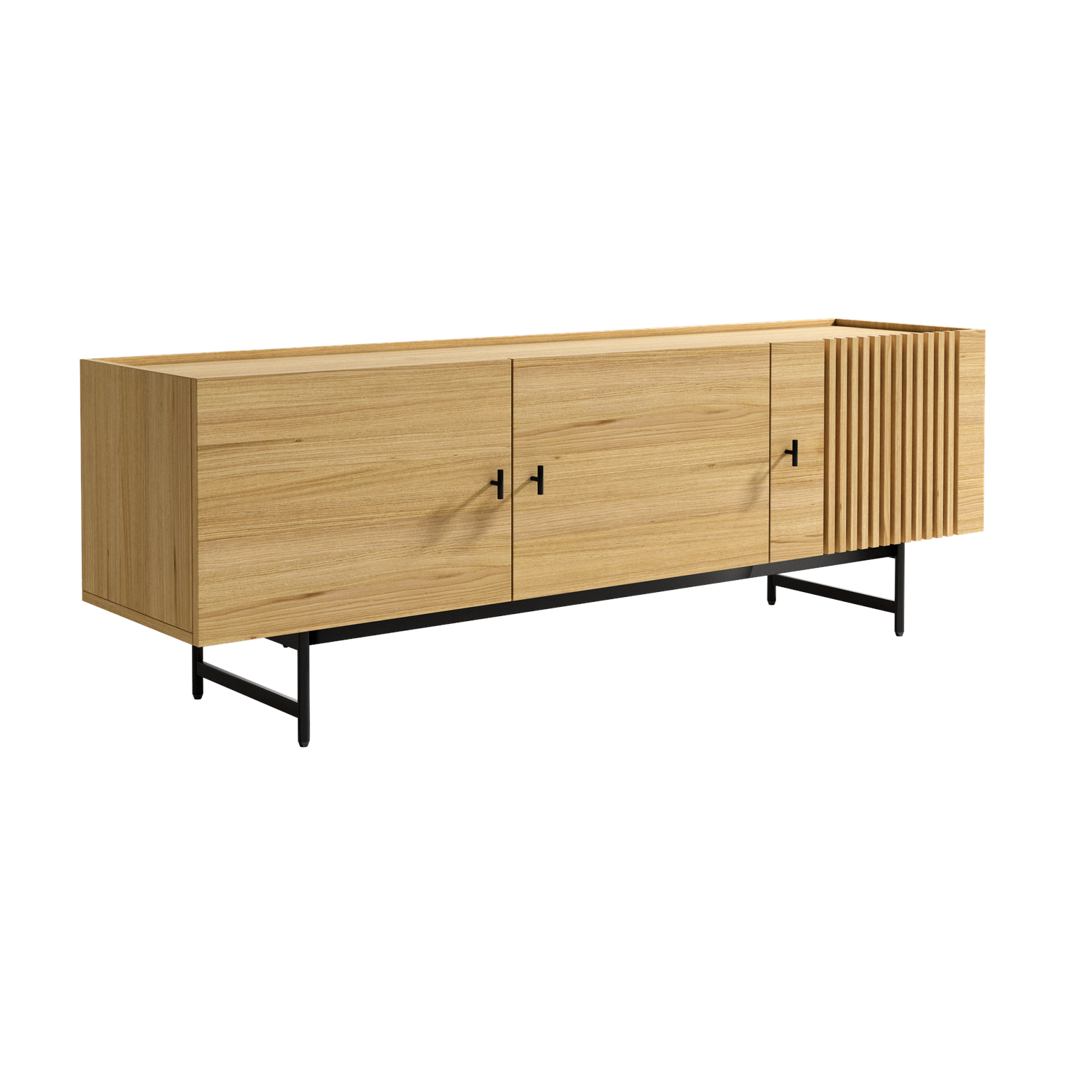 Módulo TV 3 puertas madera acabado roble natural y lamas verticales, patas metálicas negras, estilo nórdico o moderno.