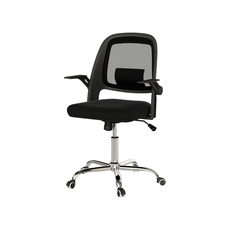 Silla Bucarest con ruedas, respaldo de malla, asiento tapizado y base cromada. Diseño profesional para oficina o estudio.