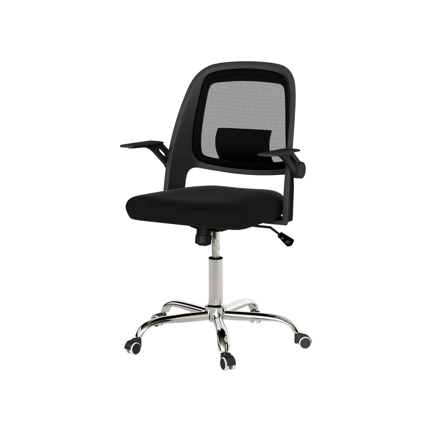 Silla Bucarest con ruedas, respaldo de malla, asiento tapizado y base cromada. Diseño profesional para oficina o estudio.