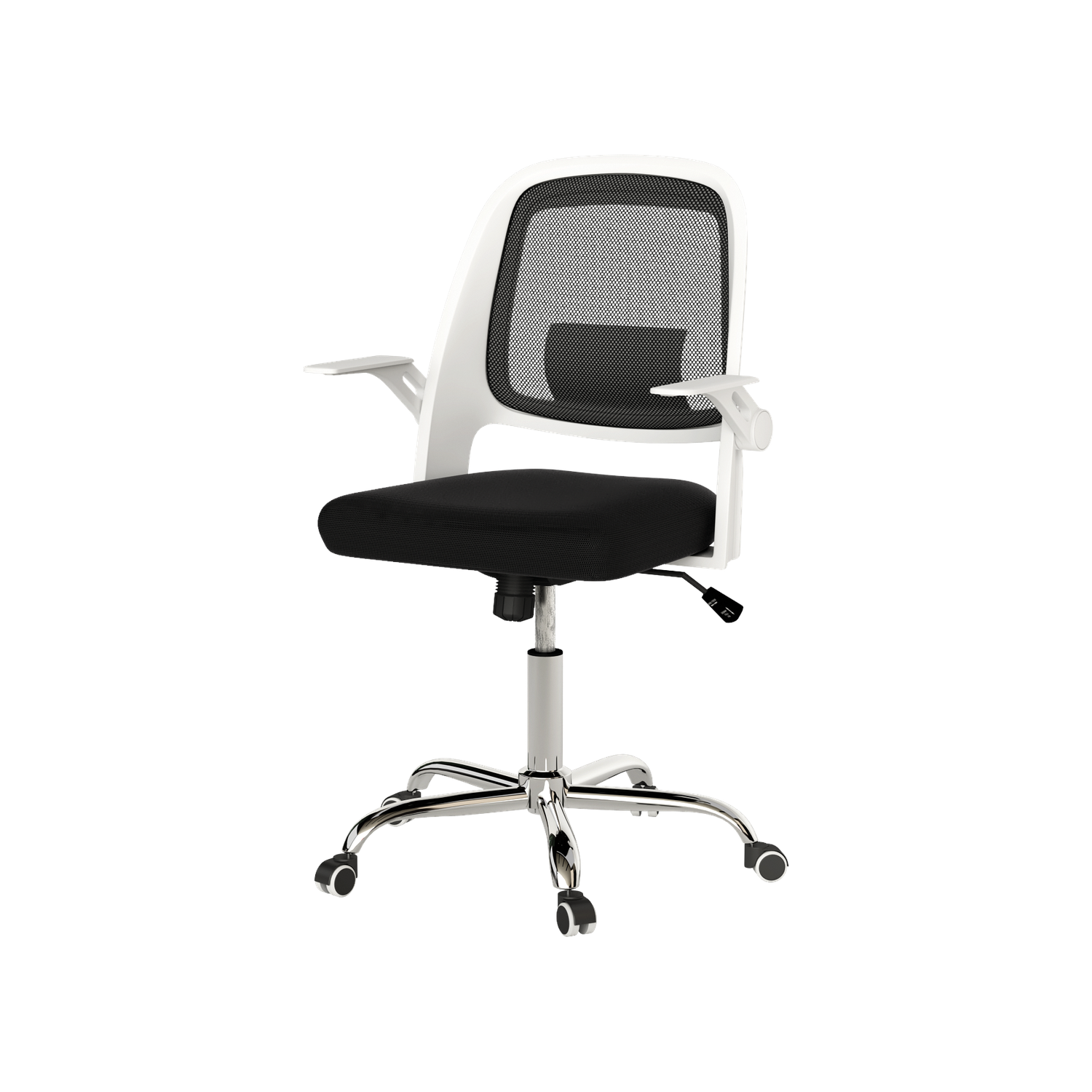 Silla de oficina Kiev con respaldo de malla, asiento tapizado y base cromada. Reposabrazos abatibles para escritorio.