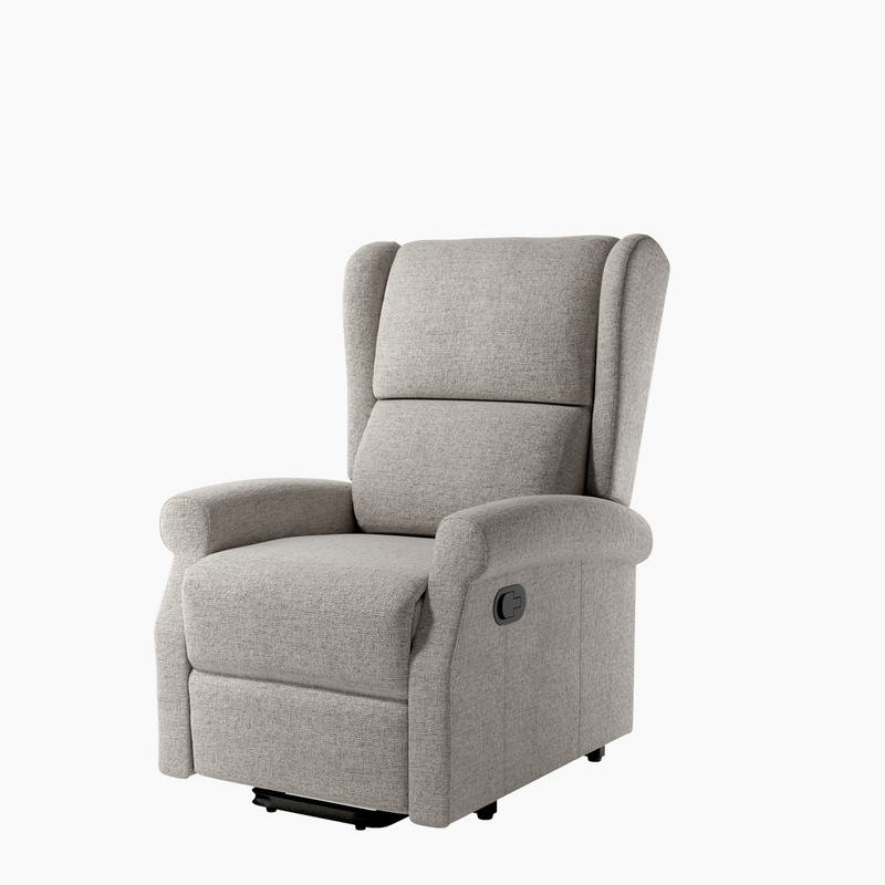 Butaca relax manual Alba, cómoda y envolvente, con tapizado y estructura metálica negra, ideal para salón o zona de estar