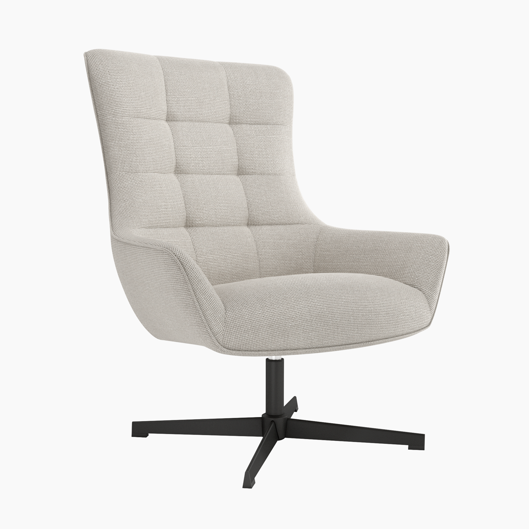 Butaca Iris tapizada, con diseño elegante y forma envolvente, base metálica negra giratoria 360° para confort moderno