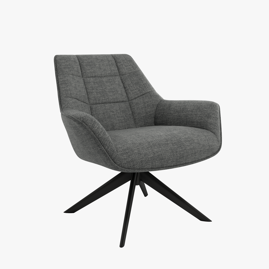 Butaca Peonía tapizada, diseño envolvente, con asiento y respaldo cómodos y base metálica negra contemporánea