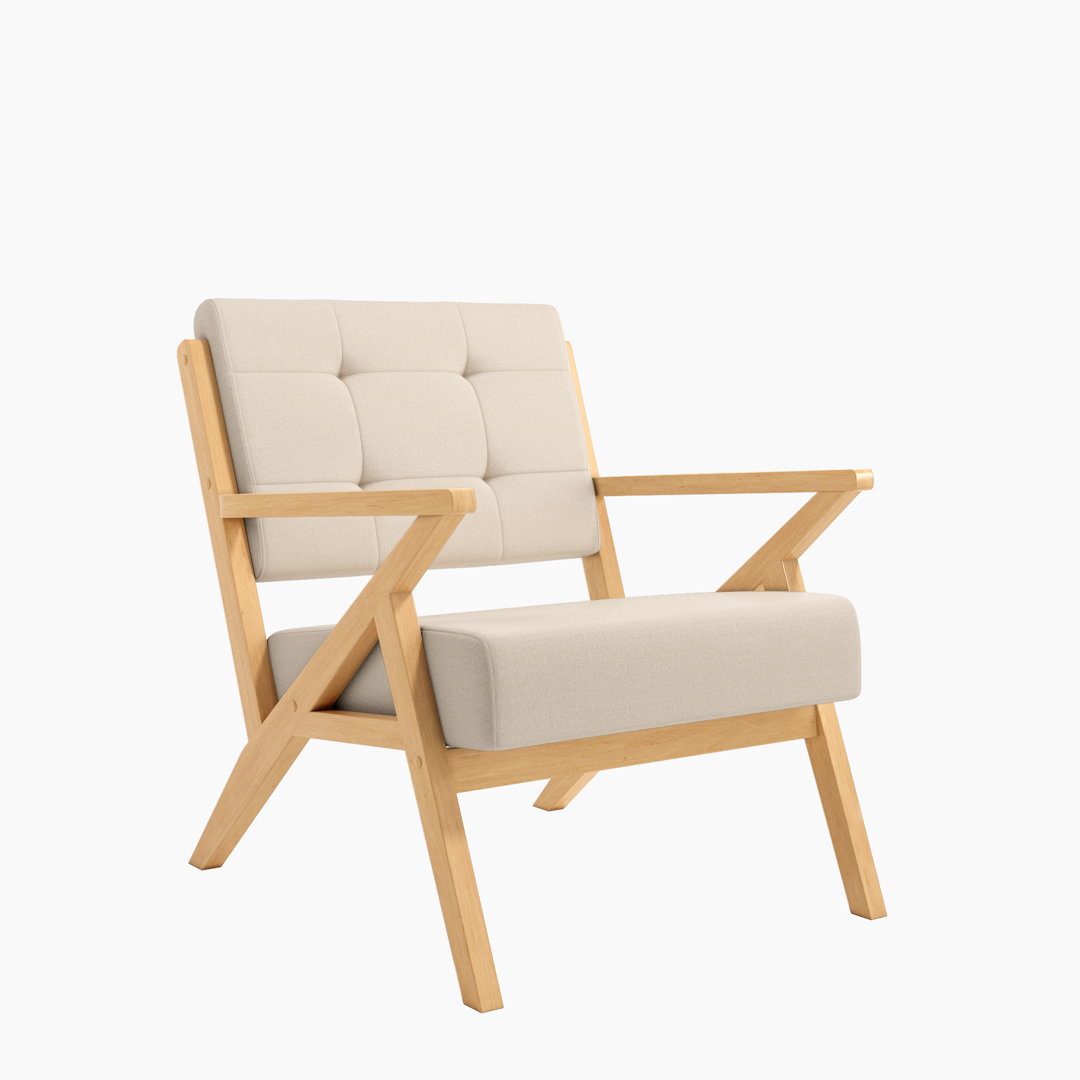 Butaca Sakura de diseño ligero con estructura de madera, tapizada, para salón o rincón de lectura. Estilo natural y cálido.