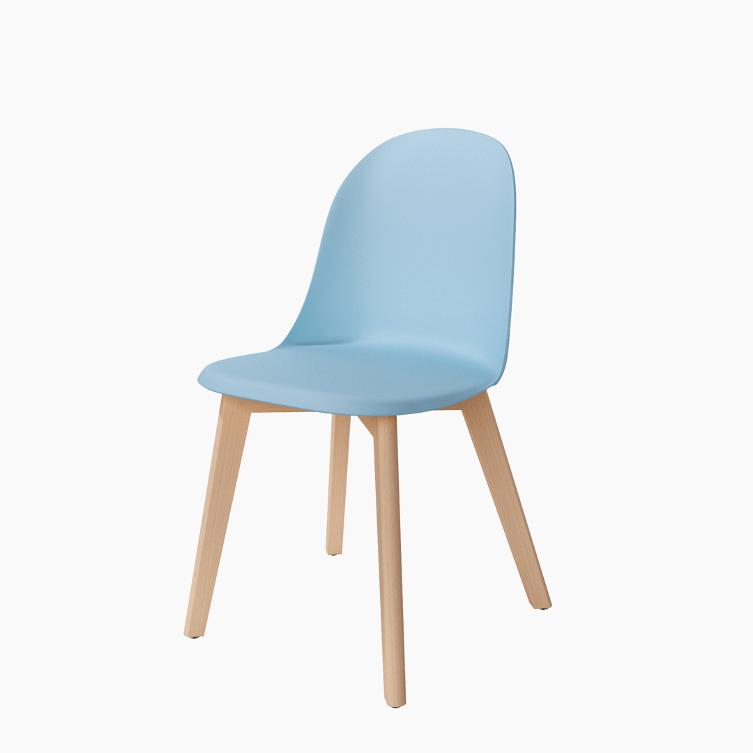 Silla Miami de diseño contemporáneo, fabricada en polipropileno con patas de madera. Ideal para comedores modernos.