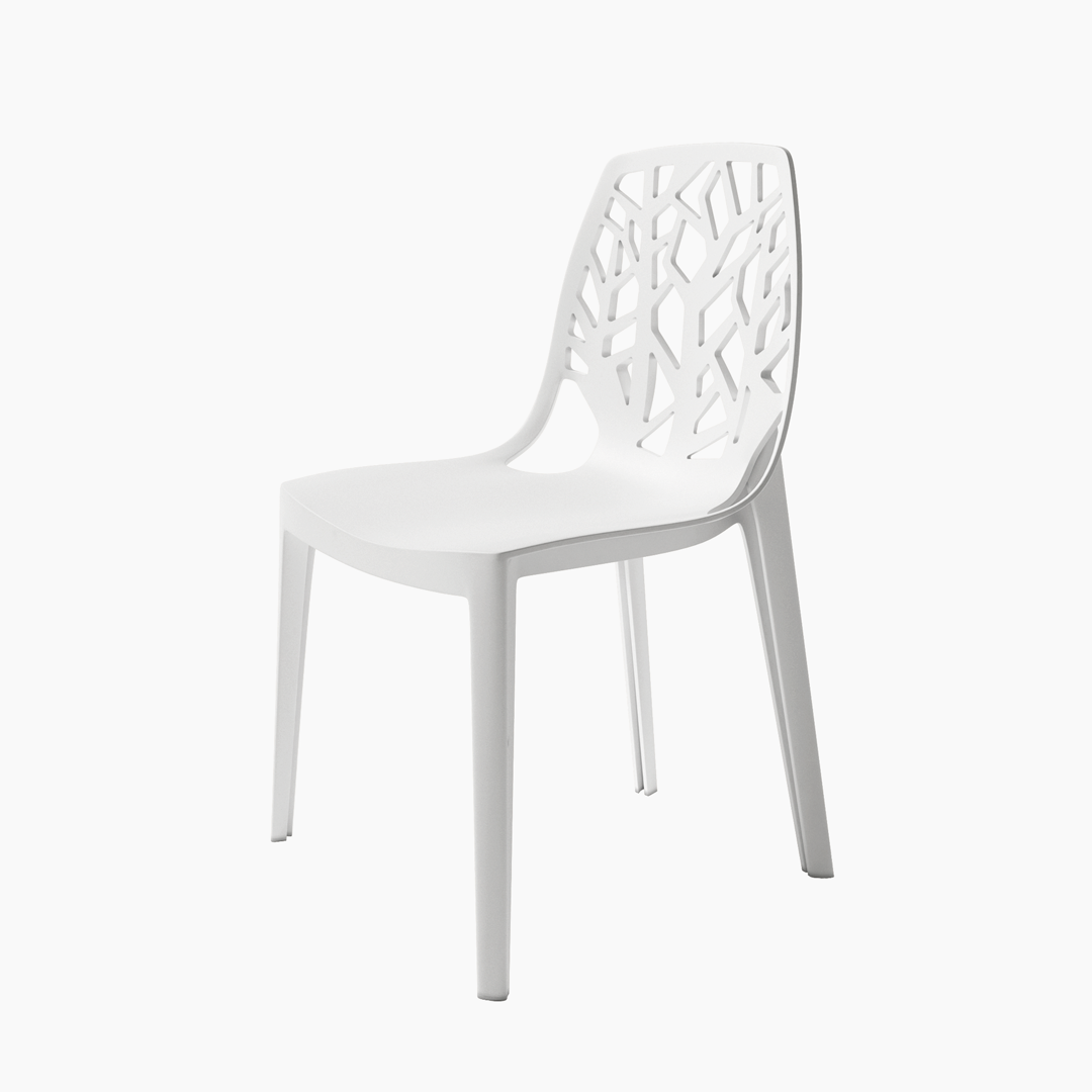 Silla Praga de polipropileno, diseño apilable y ligero con respaldo calado, ideal para terraza o comedor