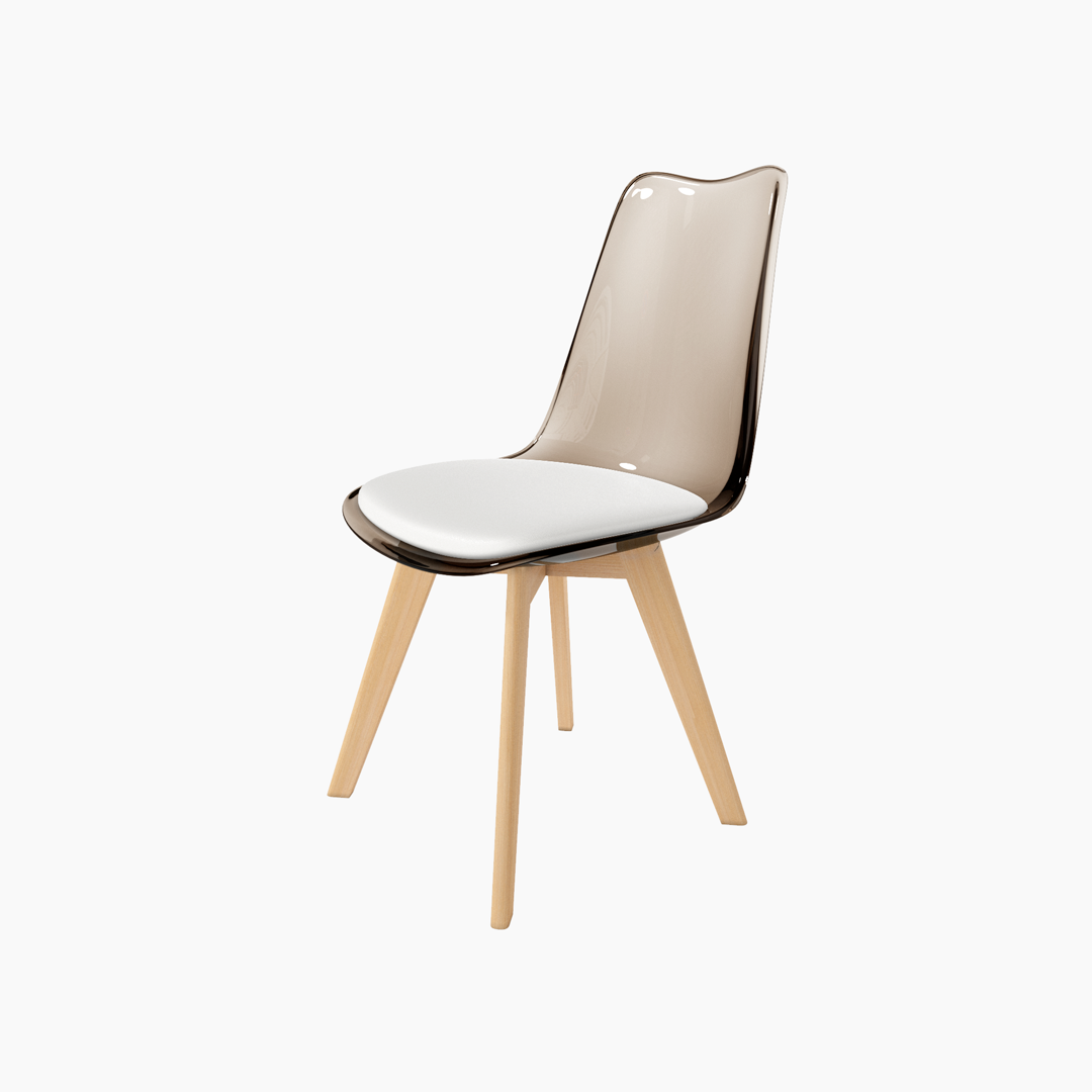 Silla Vegas de diseño moderno con silueta transparente o ahumada, estructura de resina, asiento tapizado y patas de madera cálida.